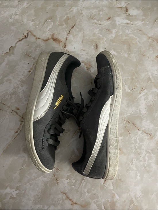Puma Shoes - Puma Women Dark Gray Suede Sneakers with Gold Logo